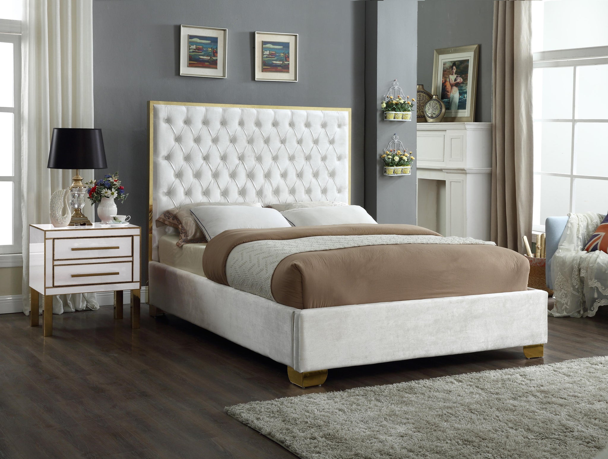 Lana White Velvet King Bed - Furnish 4 Less 98 (NY)*