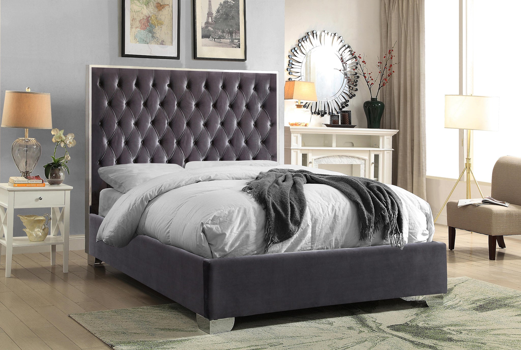 Lexi Grey Velvet Queen Bed - Furnish 4 Less 98 (NY)*