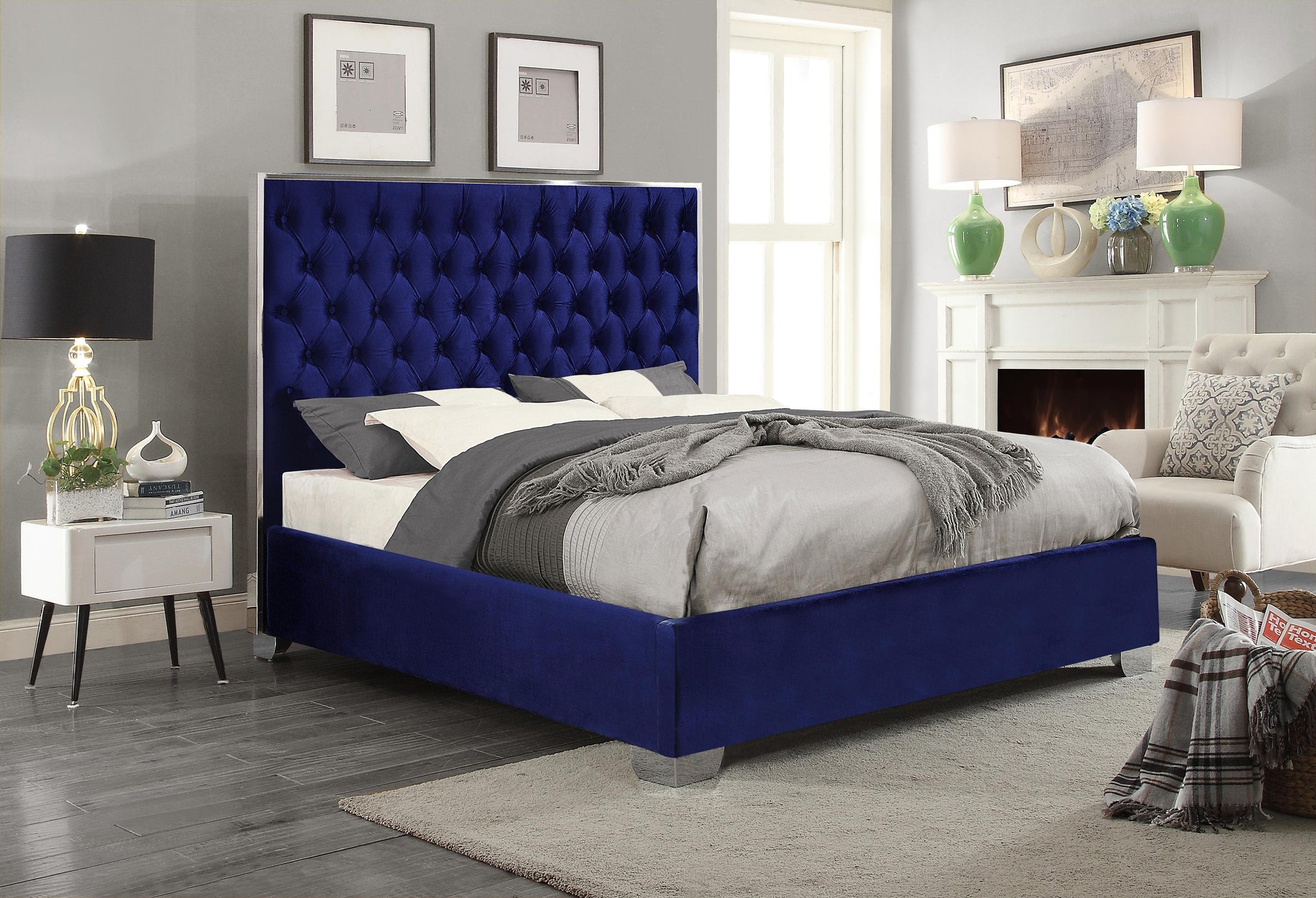 Lexi Navy Velvet King Bed - Furnish 4 Less 98 (NY)*