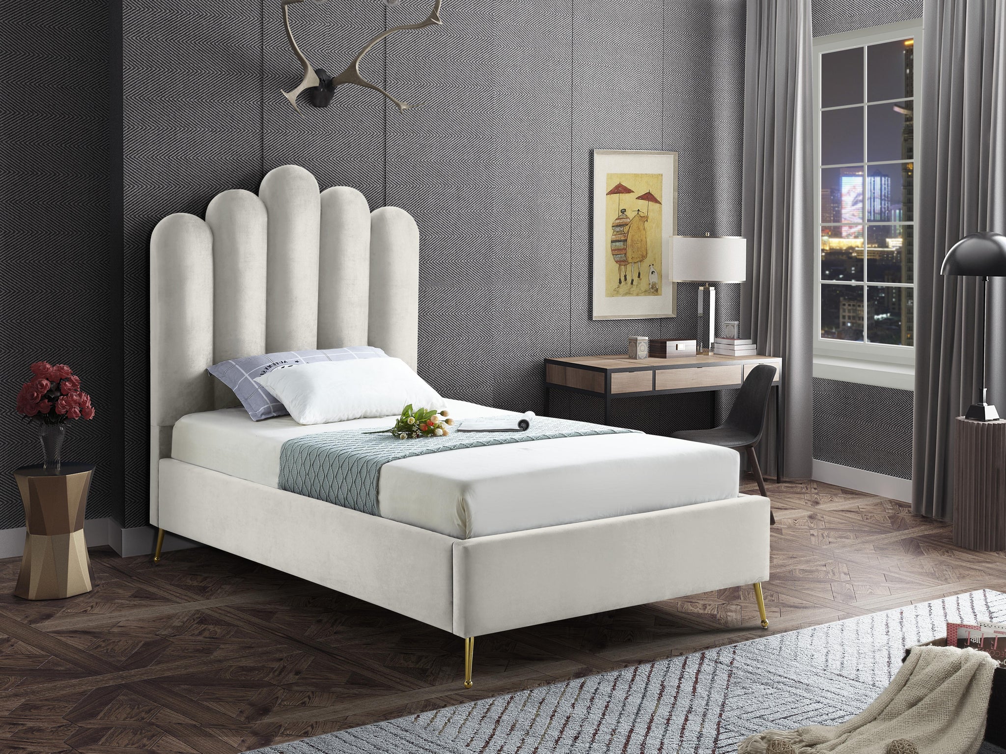 Lily Cream Velvet Twin Bed - Furnish 4 Less 98 (NY)*