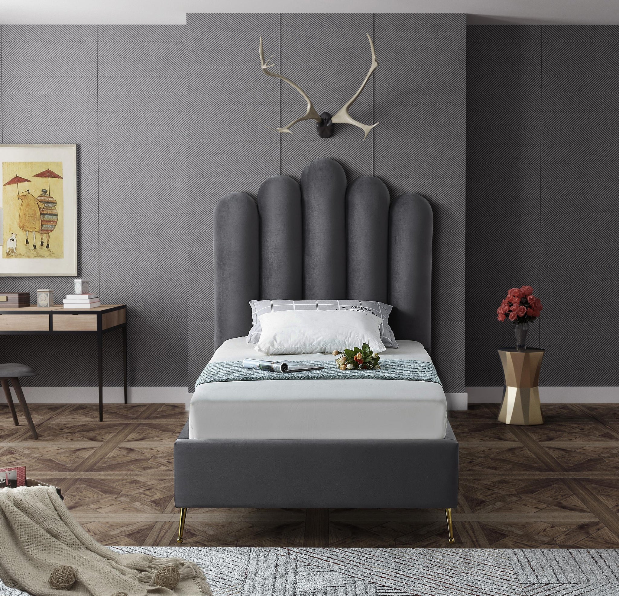 Lily Grey Velvet Twin Bed - Furnish 4 Less 98 (NY)*