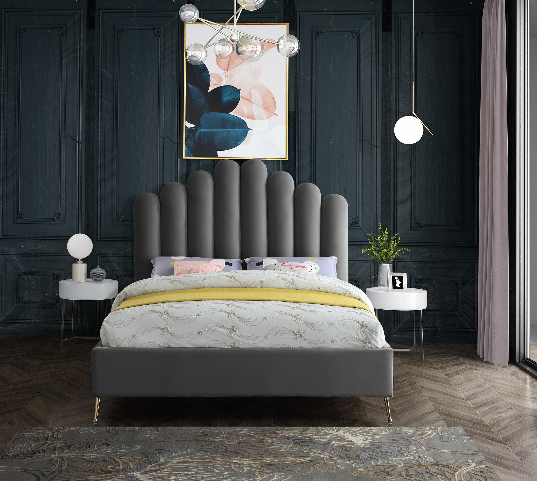 Lily Grey Velvet Queen Bed - Furnish 4 Less 98 (NY)*