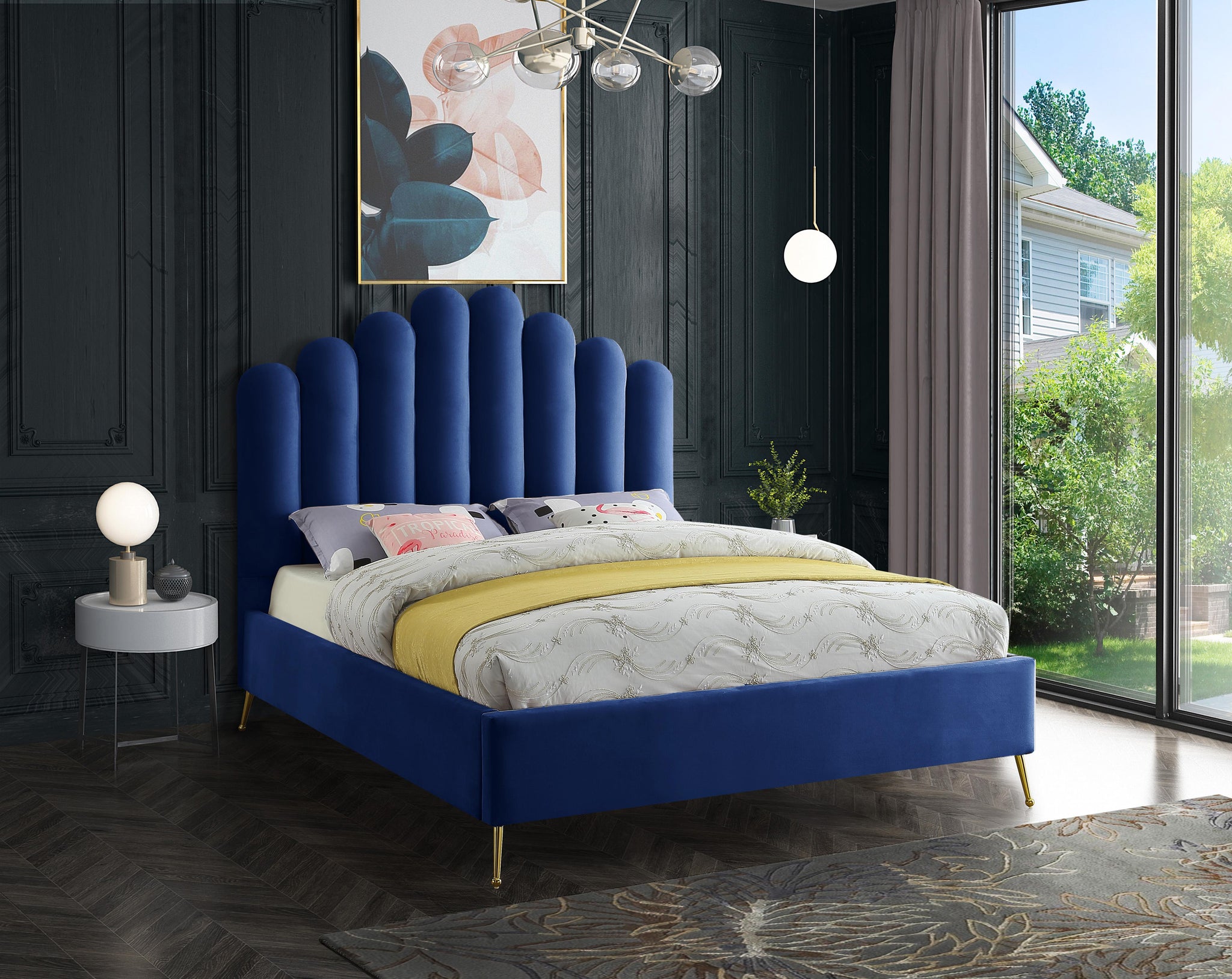 Lily Navy Velvet Full Bed - Furnish 4 Less 98 (NY)*