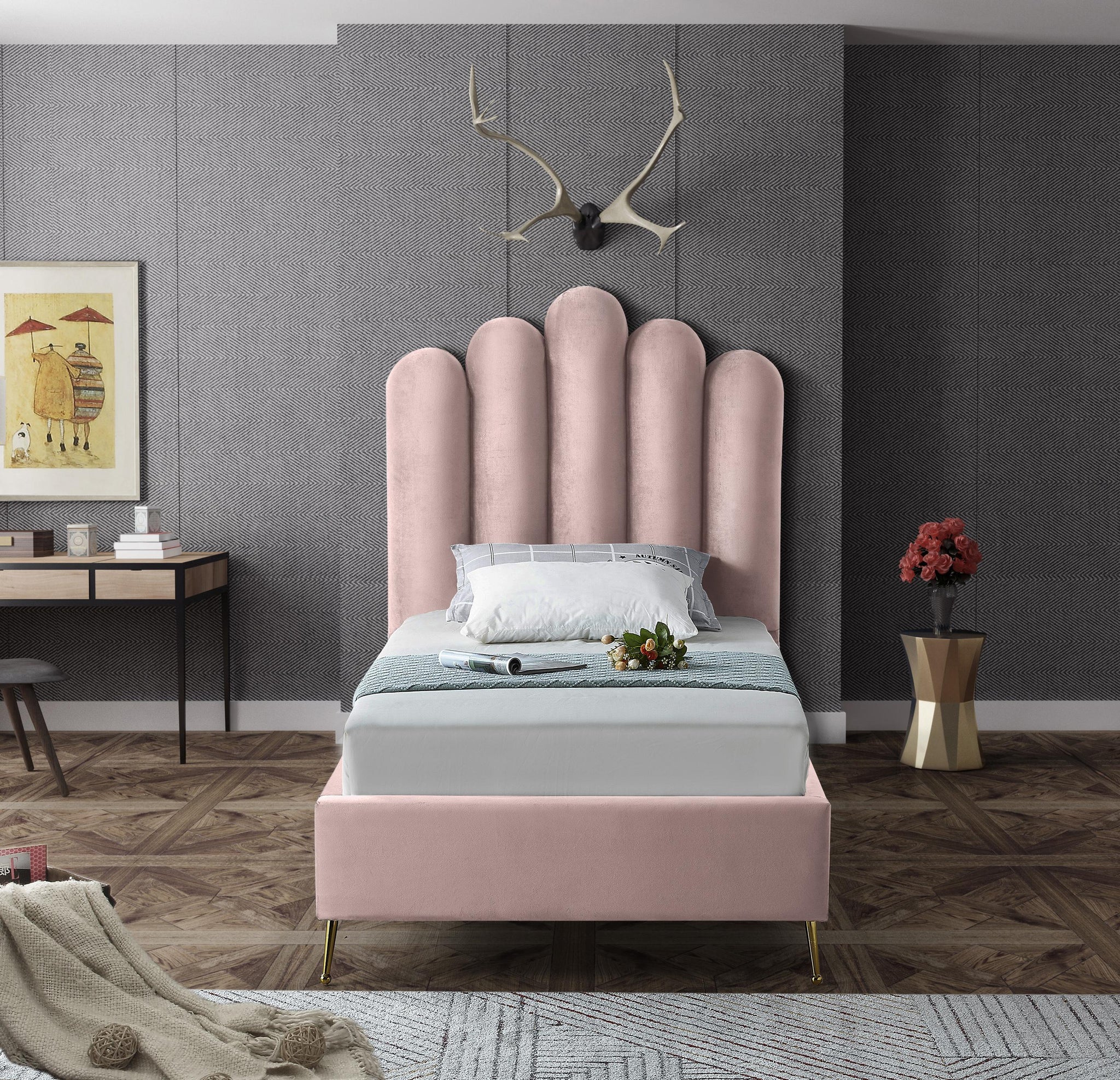 Lily Pink Velvet Twin Bed - Furnish 4 Less 98 (NY)*