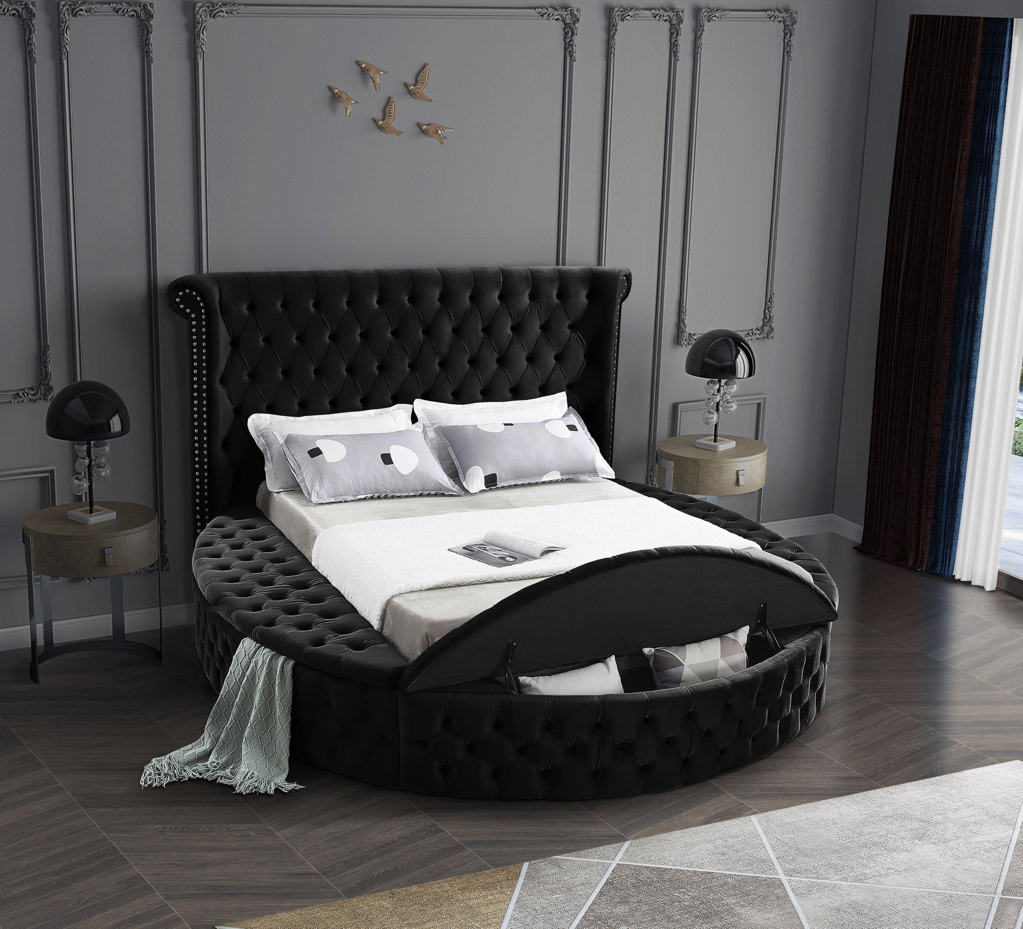 Luxus Black Velvet Queen Bed (3 Boxes) - Furnish 4 Less 98 (NY)*