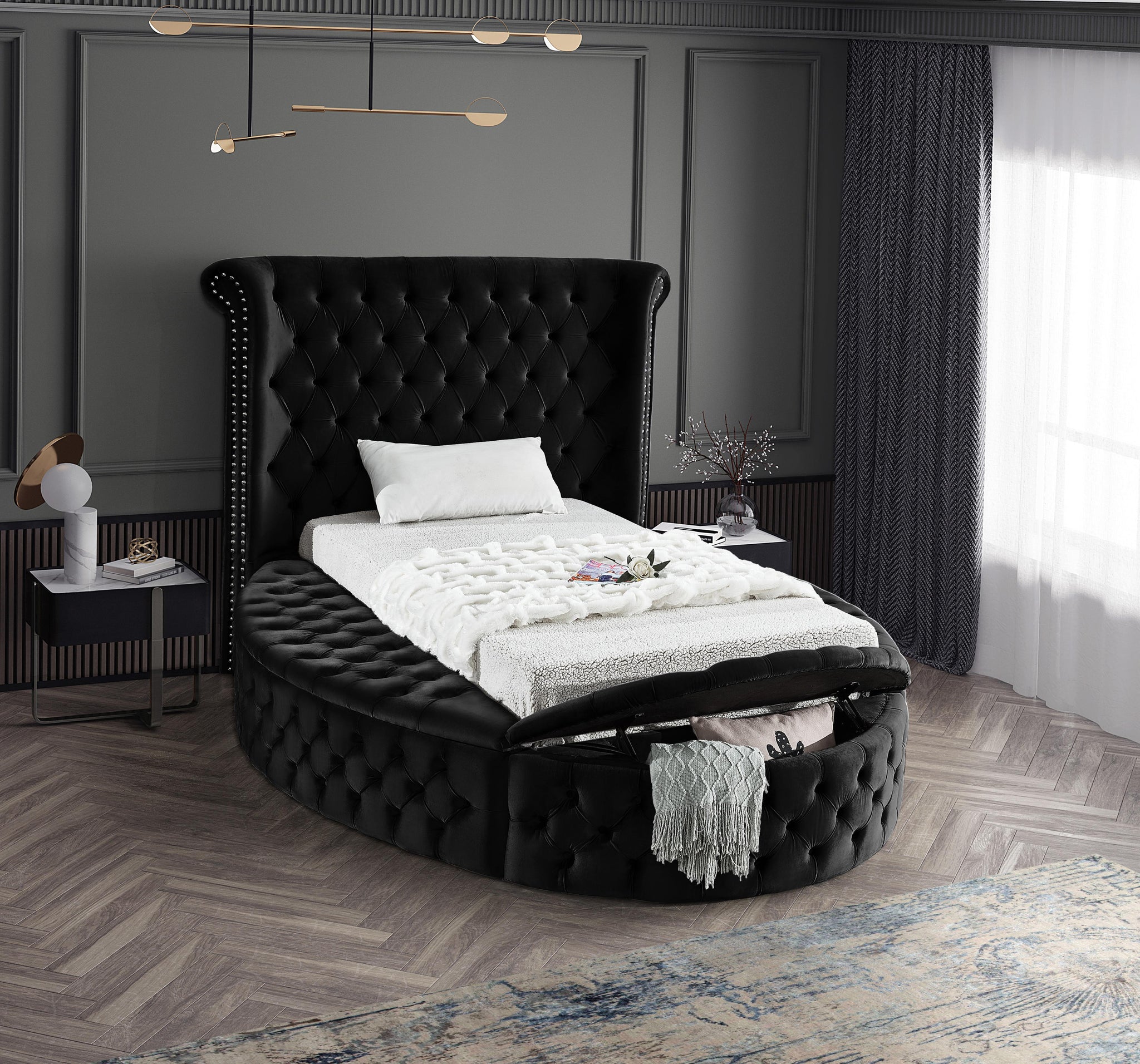 Luxus Black Velvet Twin Bed (3 Boxes) - Furnish 4 Less 98 (NY)*