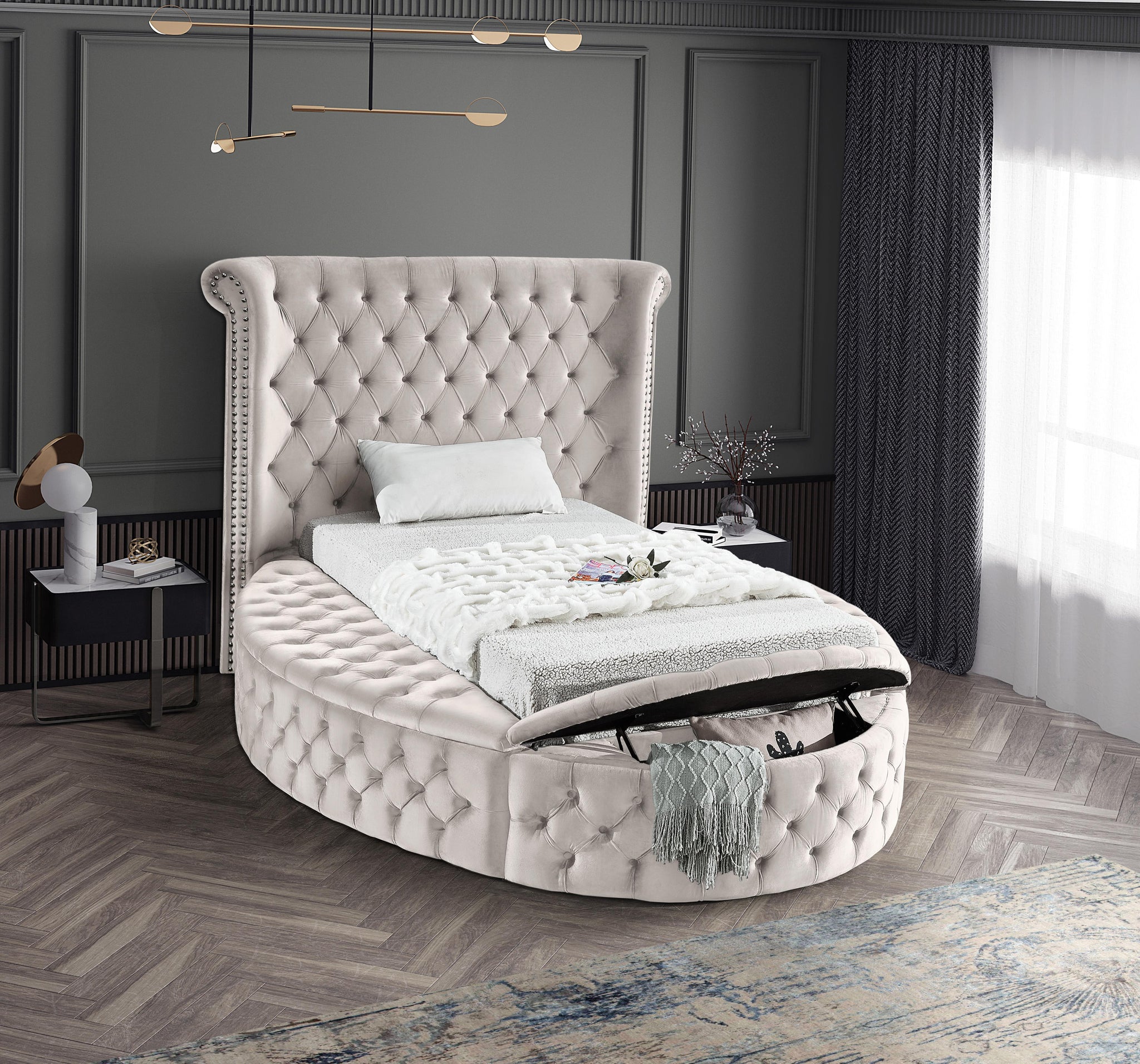 Luxus Cream Velvet Twin Bed (3 Boxes) - Furnish 4 Less 98 (NY)*