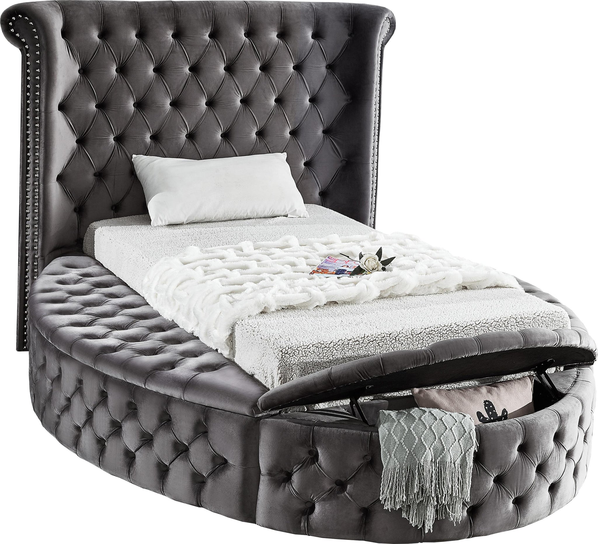 Luxus Grey Velvet Twin Bed (3 Boxes) - Furnish 4 Less 98 (NY)*