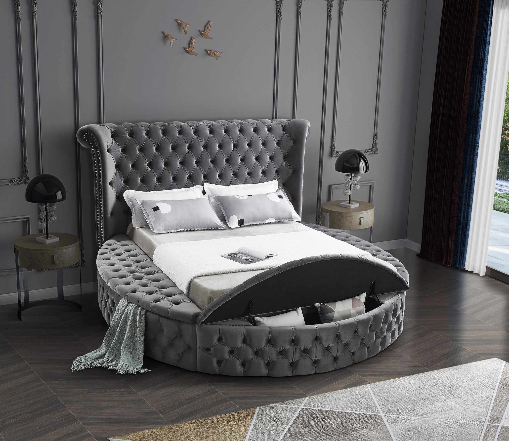 Luxus Grey Velvet Queen Bed (3 Boxes) - Furnish 4 Less 98 (NY)*