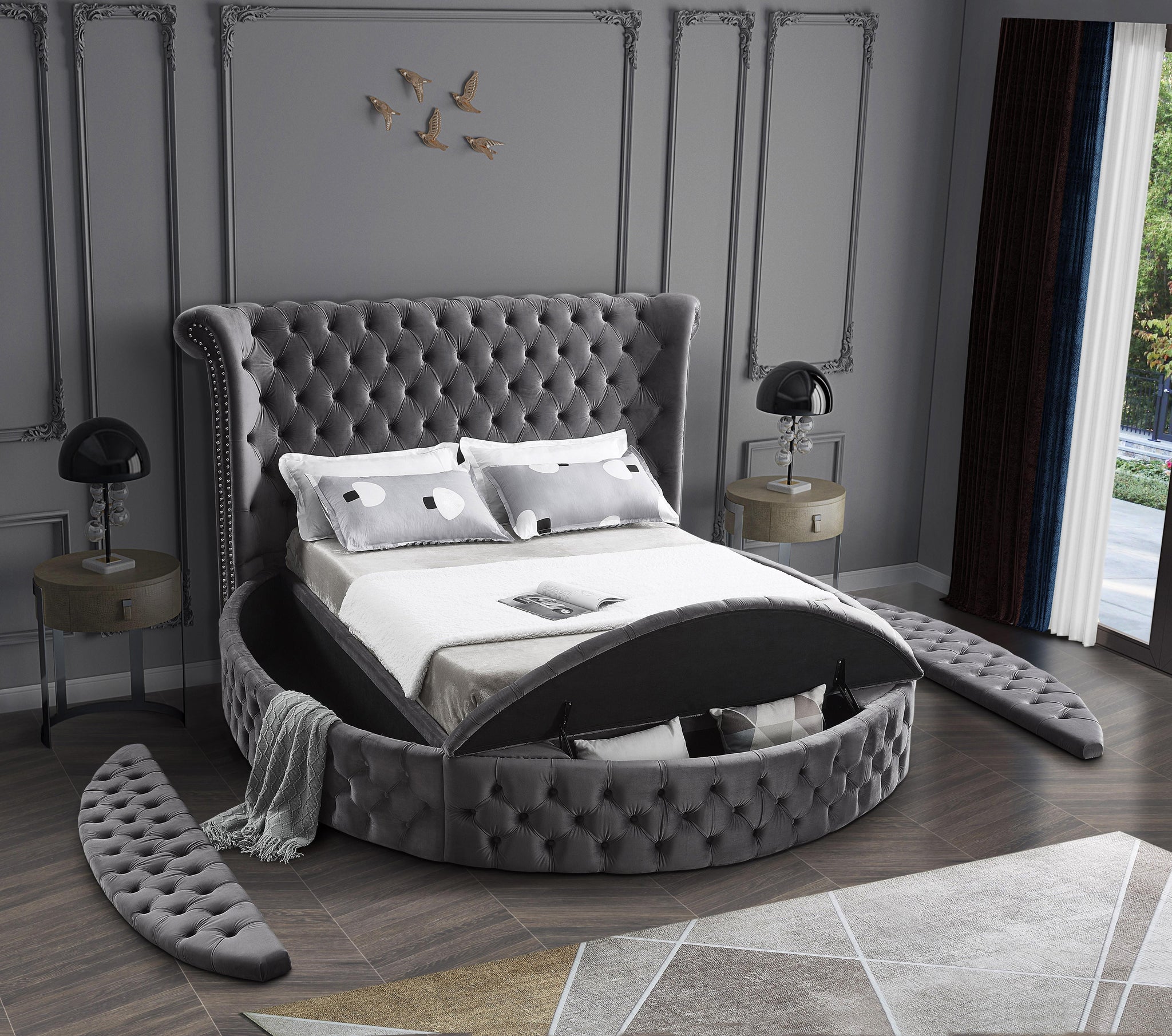 Luxus Grey Velvet Queen Bed (3 Boxes) - Furnish 4 Less 98 (NY)*