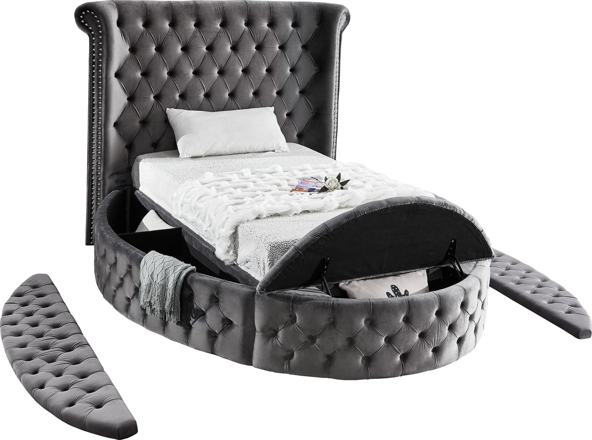 Luxus Grey Velvet Twin Bed (3 Boxes) - Furnish 4 Less 98 (NY)*