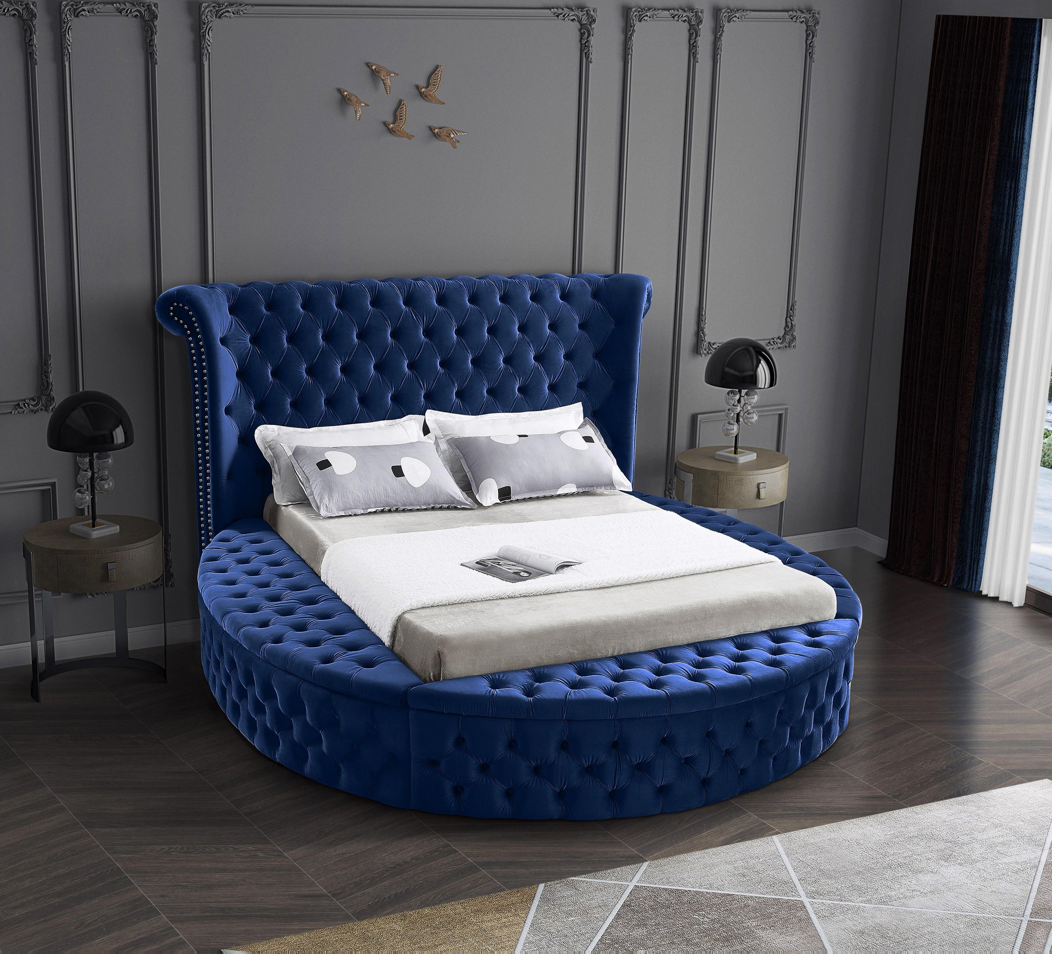 Luxus Navy Velvet Queen Bed (3 Boxes) - Furnish 4 Less 98 (NY)*