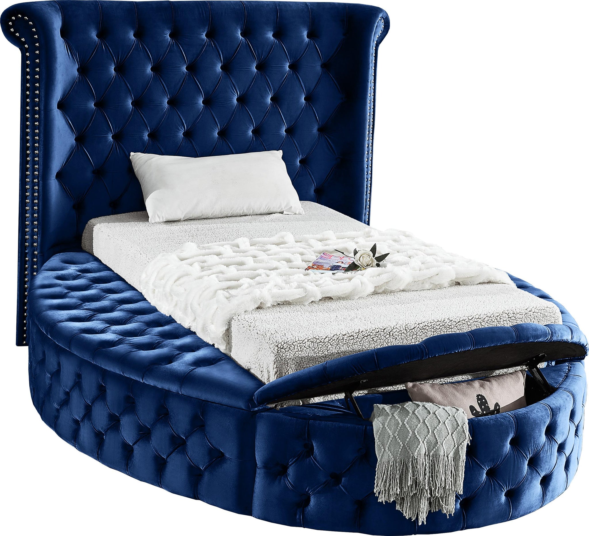 Luxus Navy Velvet Twin Bed (3 Boxes) - Furnish 4 Less 98 (NY)*