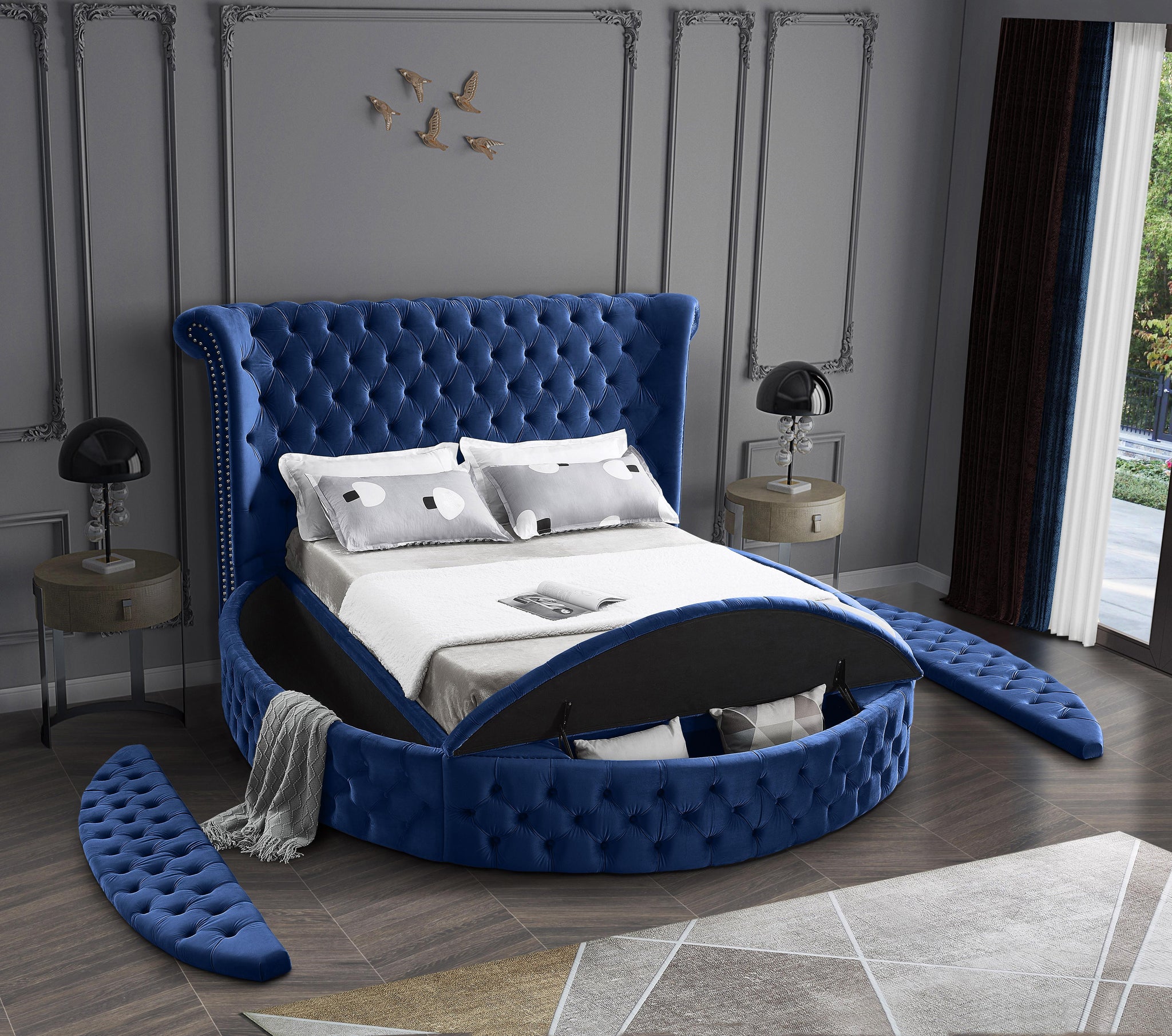 Luxus Navy Velvet King Bed (3 Boxes) - Furnish 4 Less 98 (NY)*