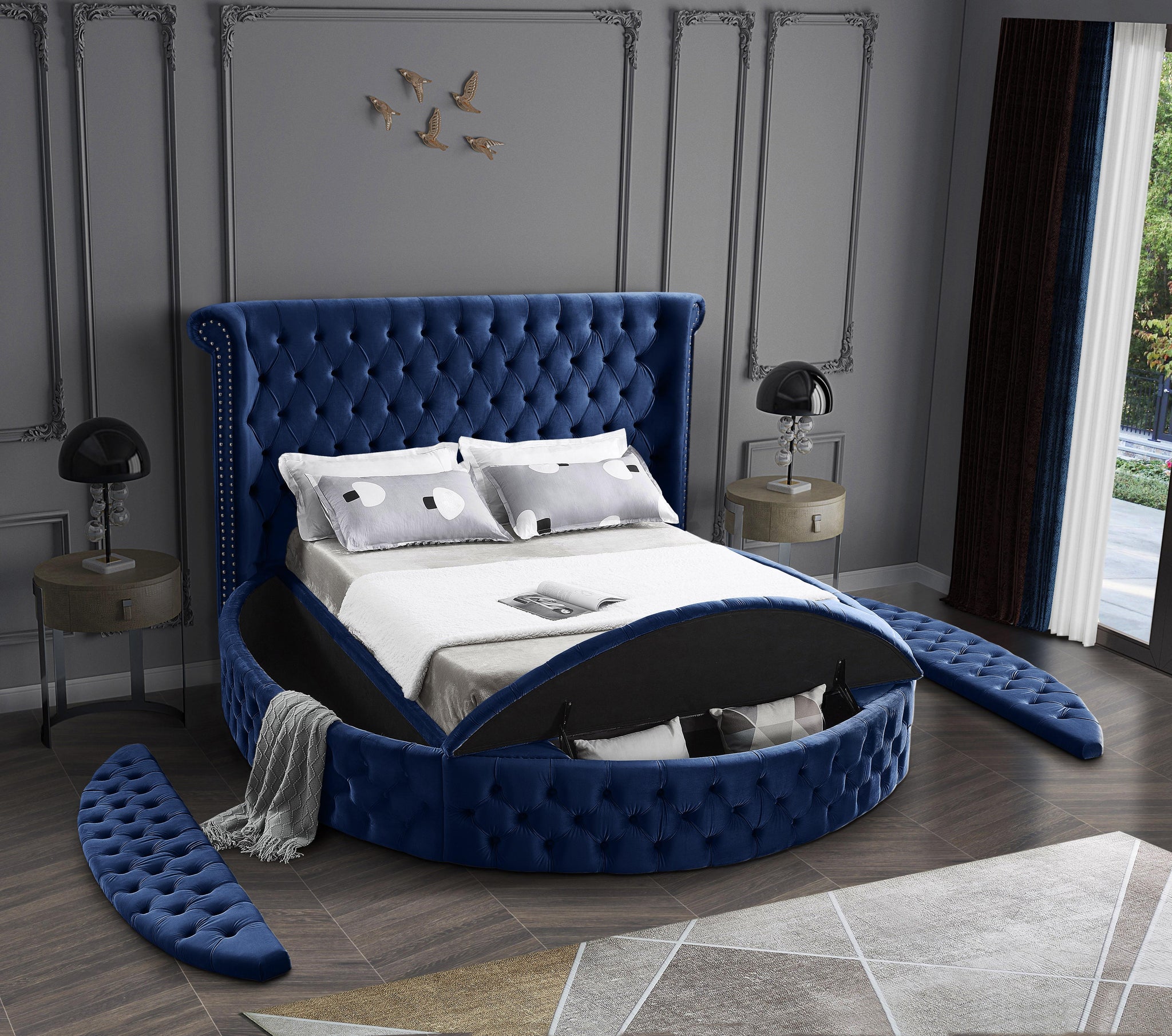 Luxus Navy Velvet Queen Bed (3 Boxes) - Furnish 4 Less 98 (NY)*