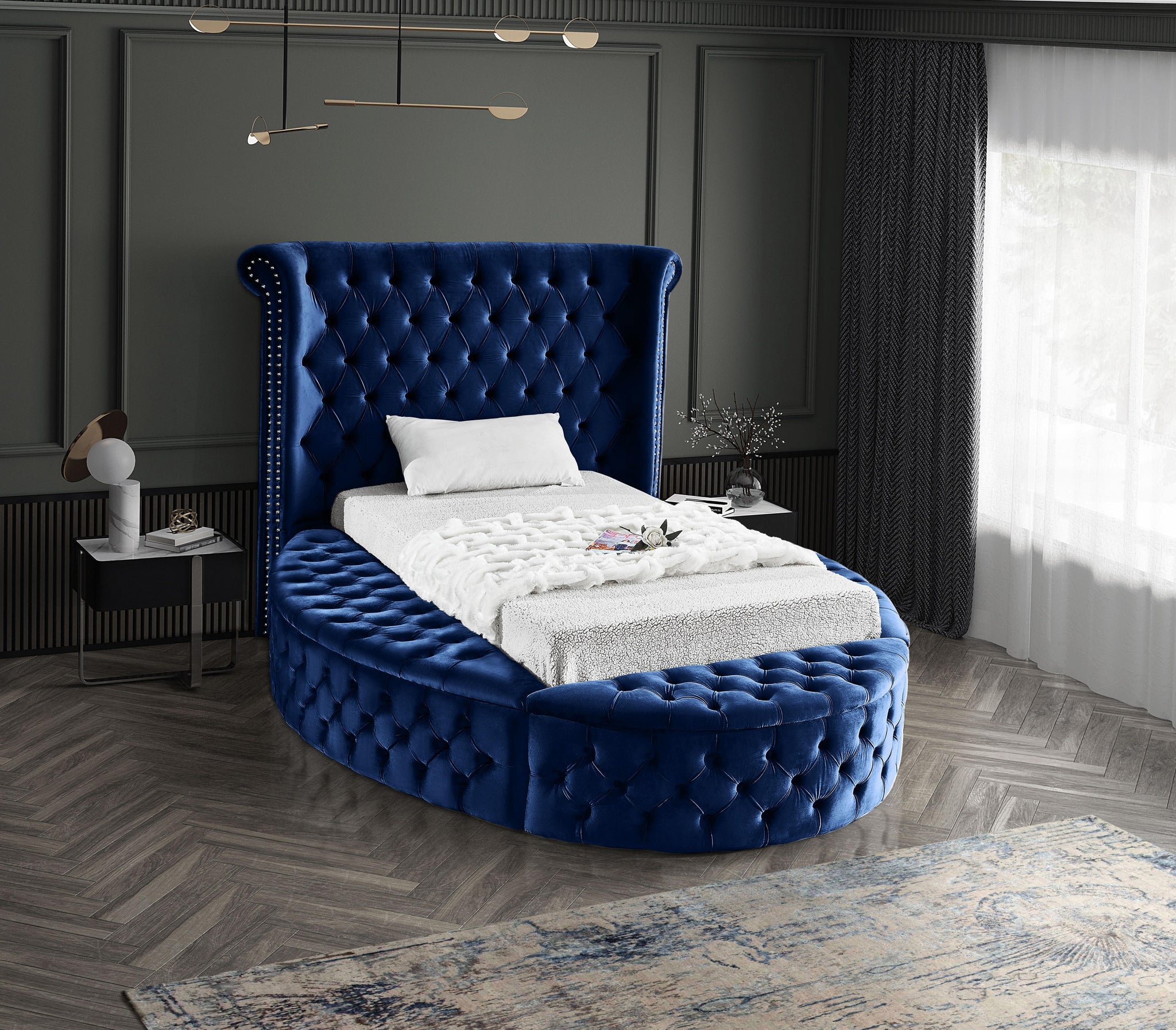 Luxus Navy Velvet Twin Bed (3 Boxes) - Furnish 4 Less 98 (NY)*