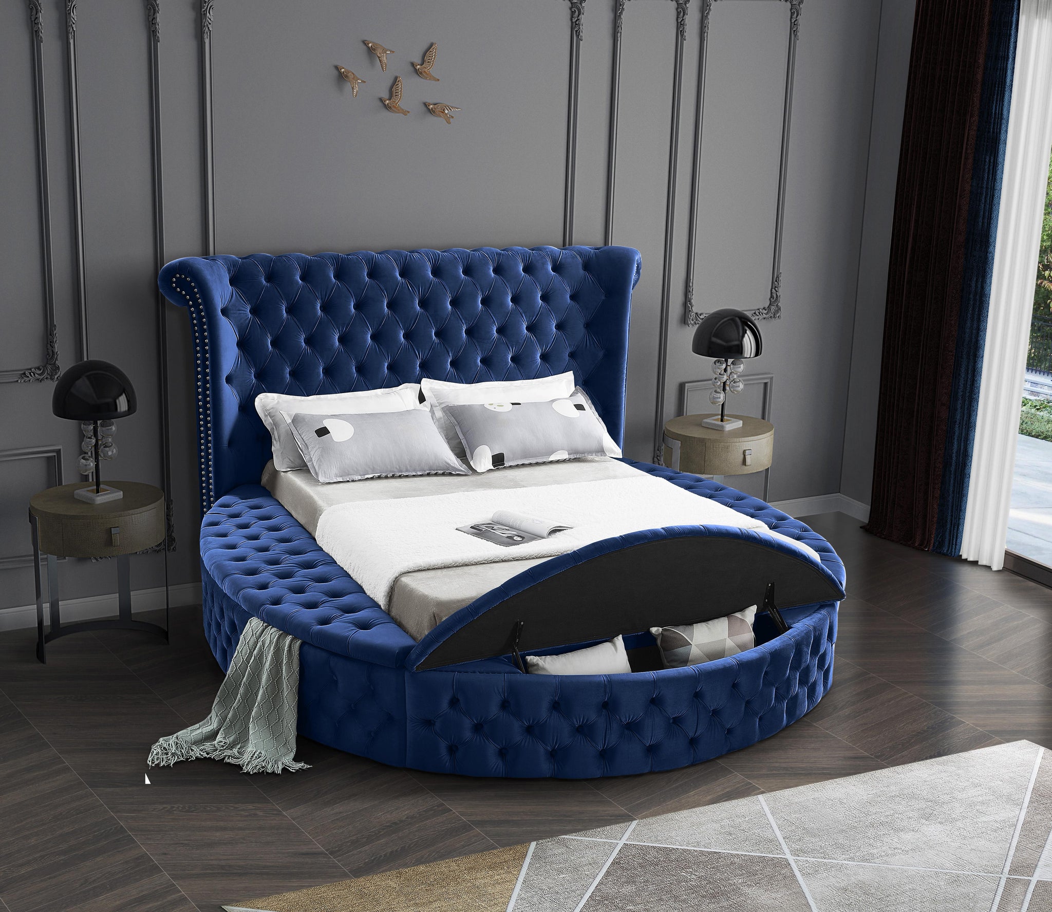 Luxus Navy Velvet Queen Bed (3 Boxes) - Furnish 4 Less 98 (NY)*