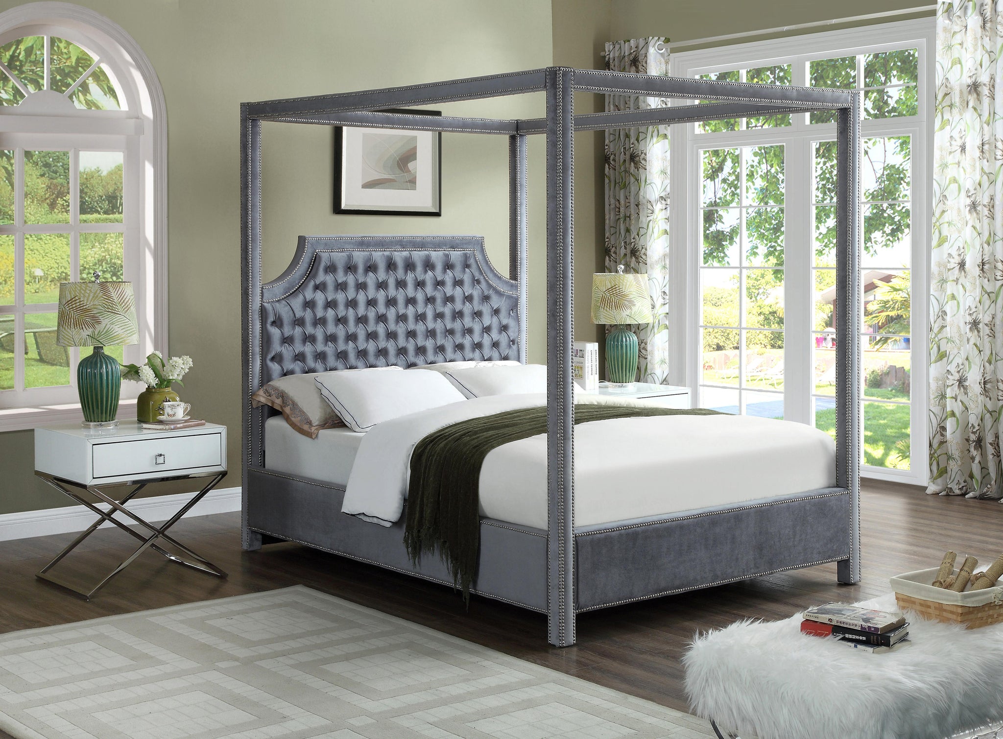 Rowan Grey Velvet Queen Bed (3 Boxes) - Furnish 4 Less 98 (NY)*