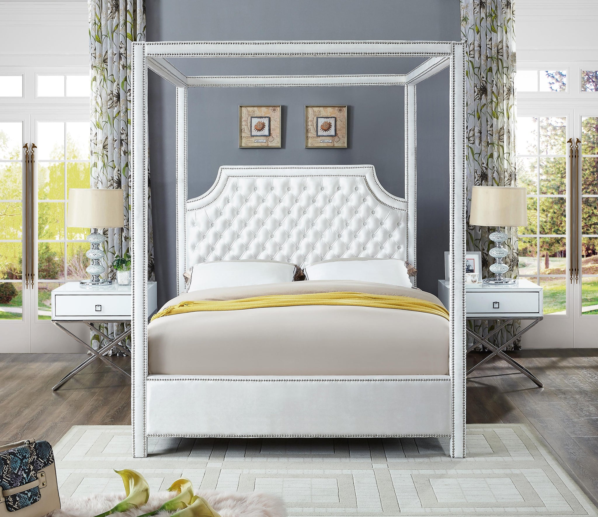 Rowan White Velvet Queen Bed (3 Boxes) - Furnish 4 Less 98 (NY)*