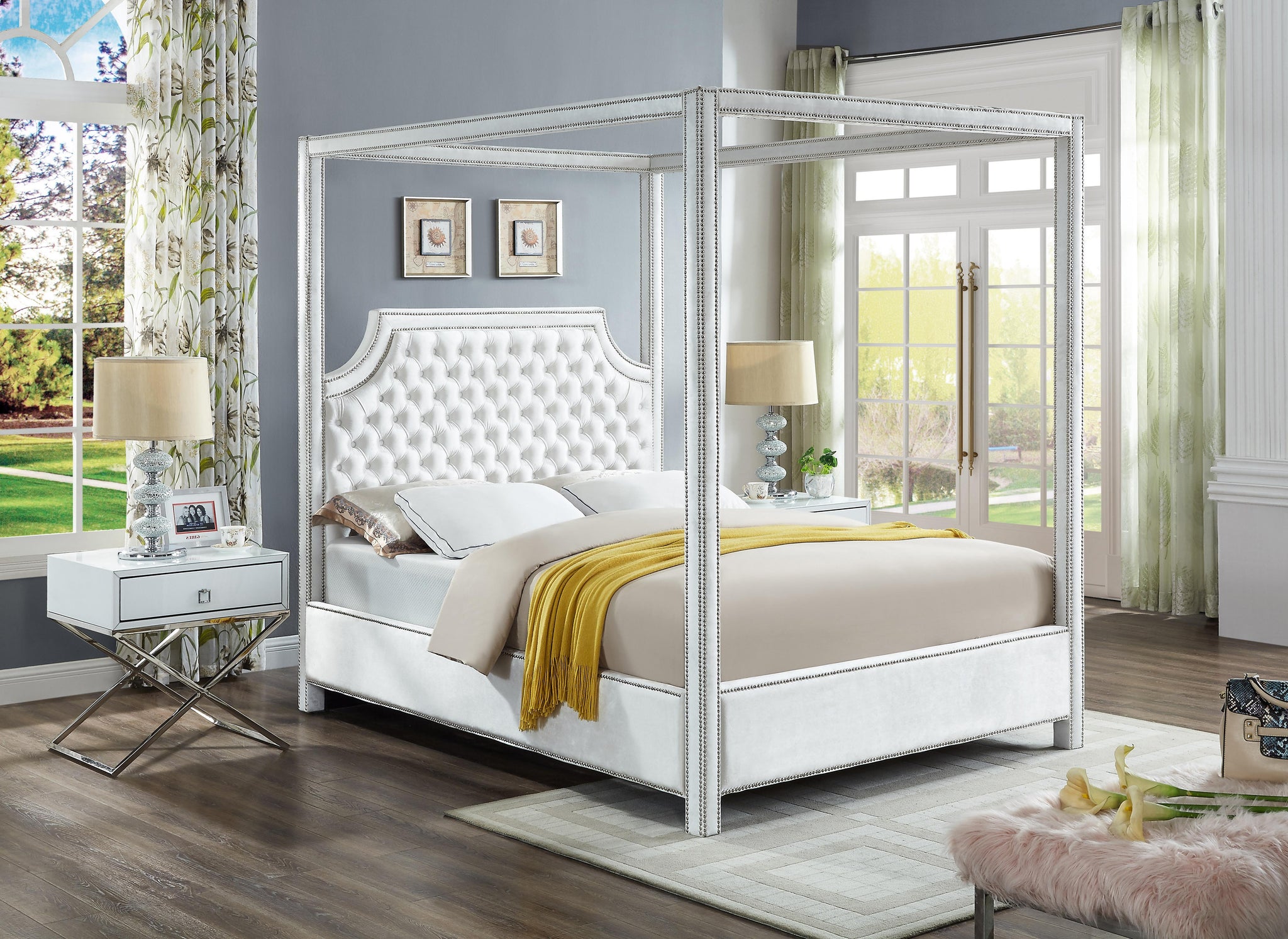 Rowan White Velvet Queen Bed (3 Boxes) - Furnish 4 Less 98 (NY)*