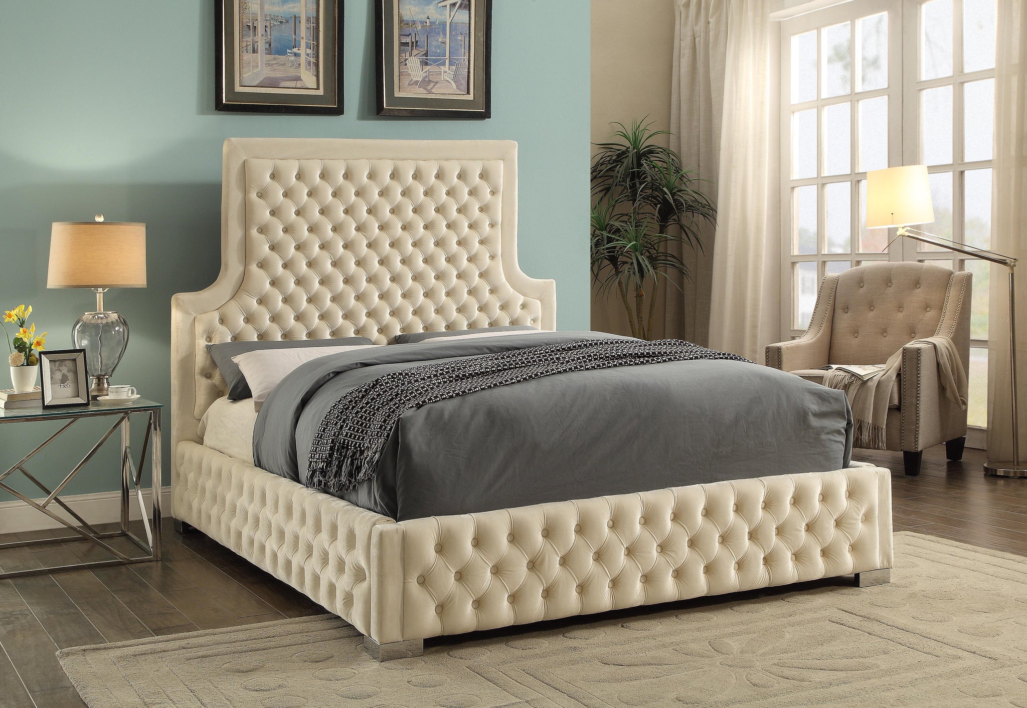 Sedona Cream Velvet King Bed - Furnish 4 Less 98 (NY)*