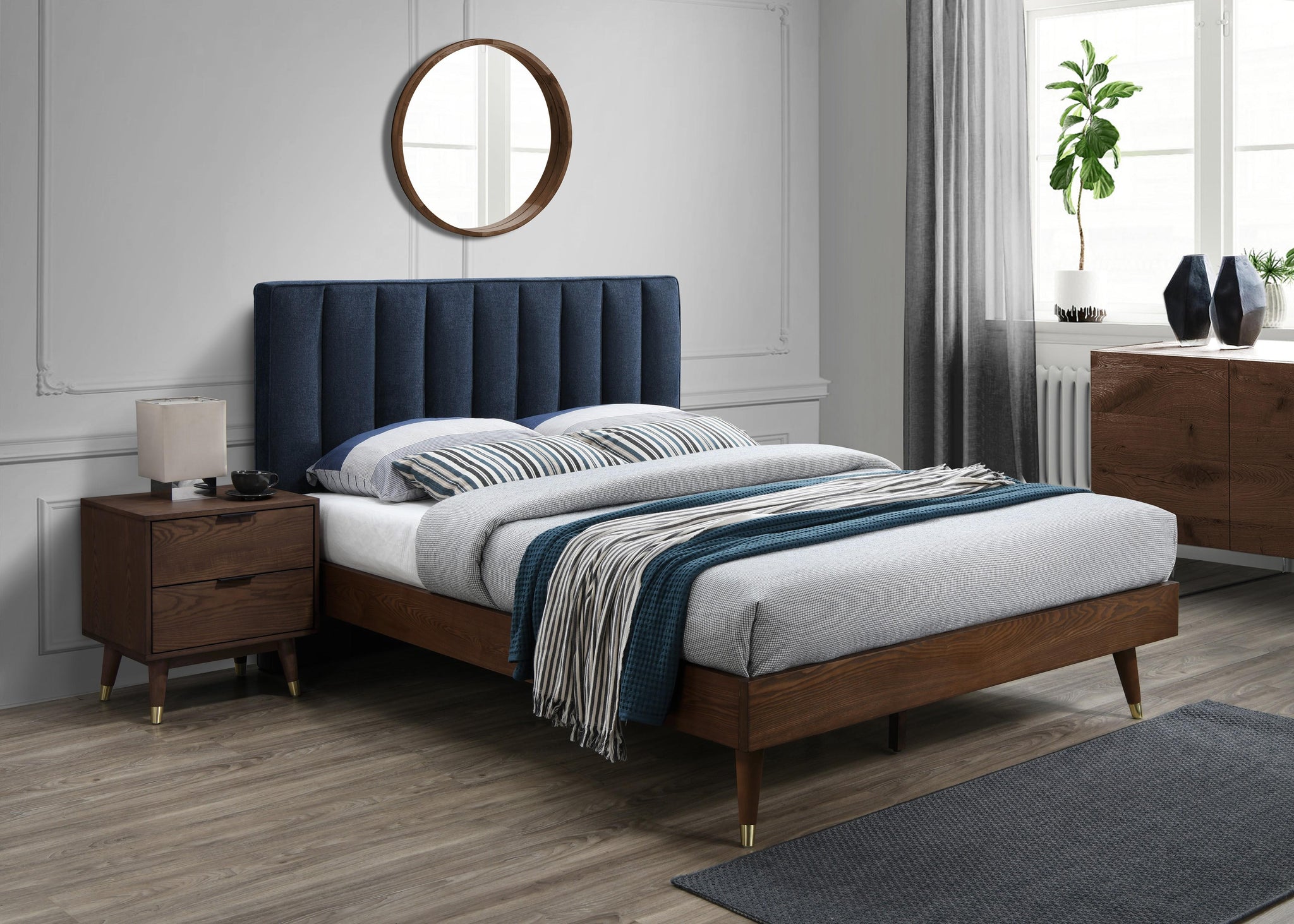 Vance Navy Linen Fabric King Bed (3 Boxes) - Furnish 4 Less 98 (NY)*