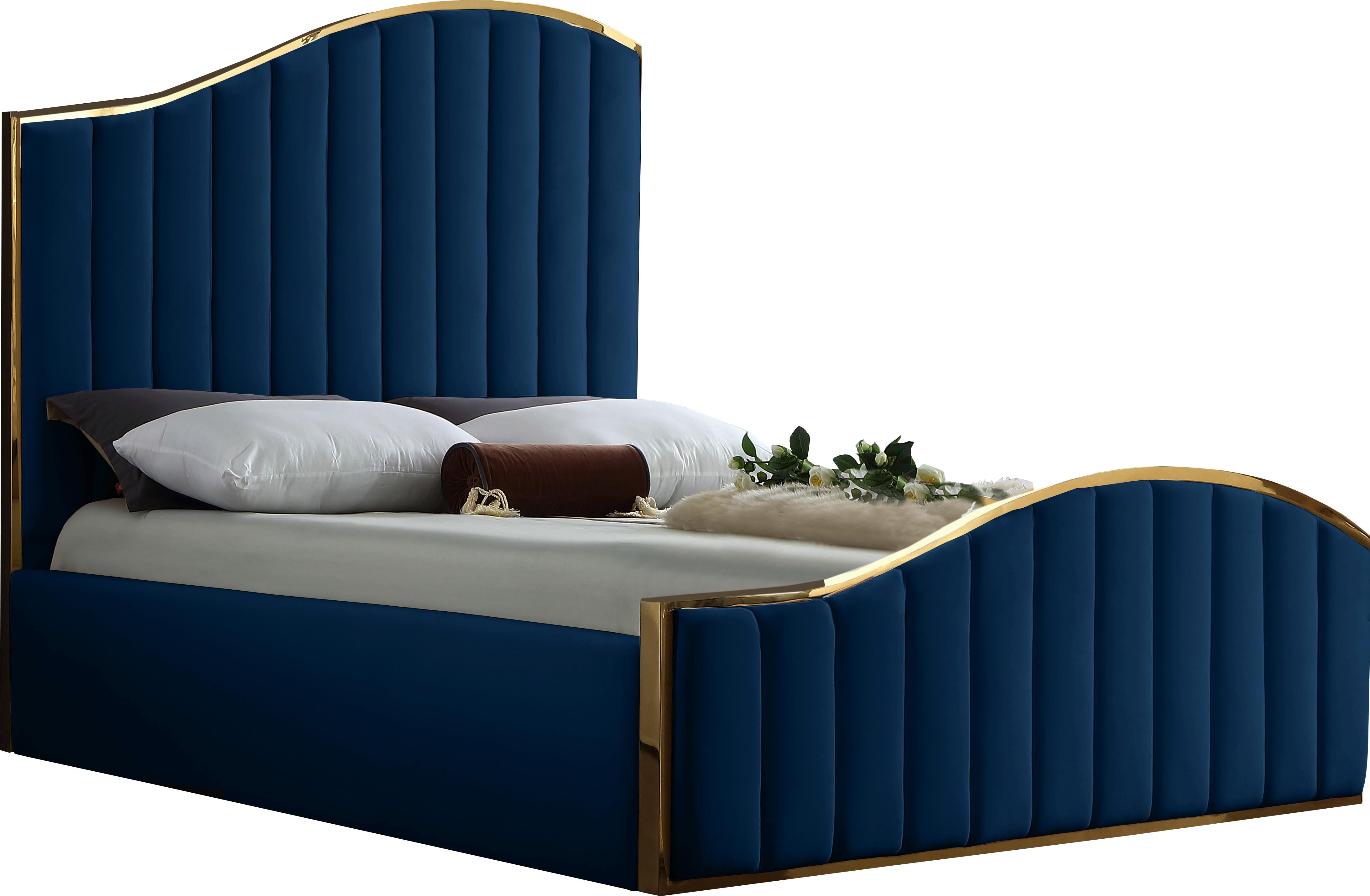 Jolie Navy Velvet Queen Bed (3 Boxes)