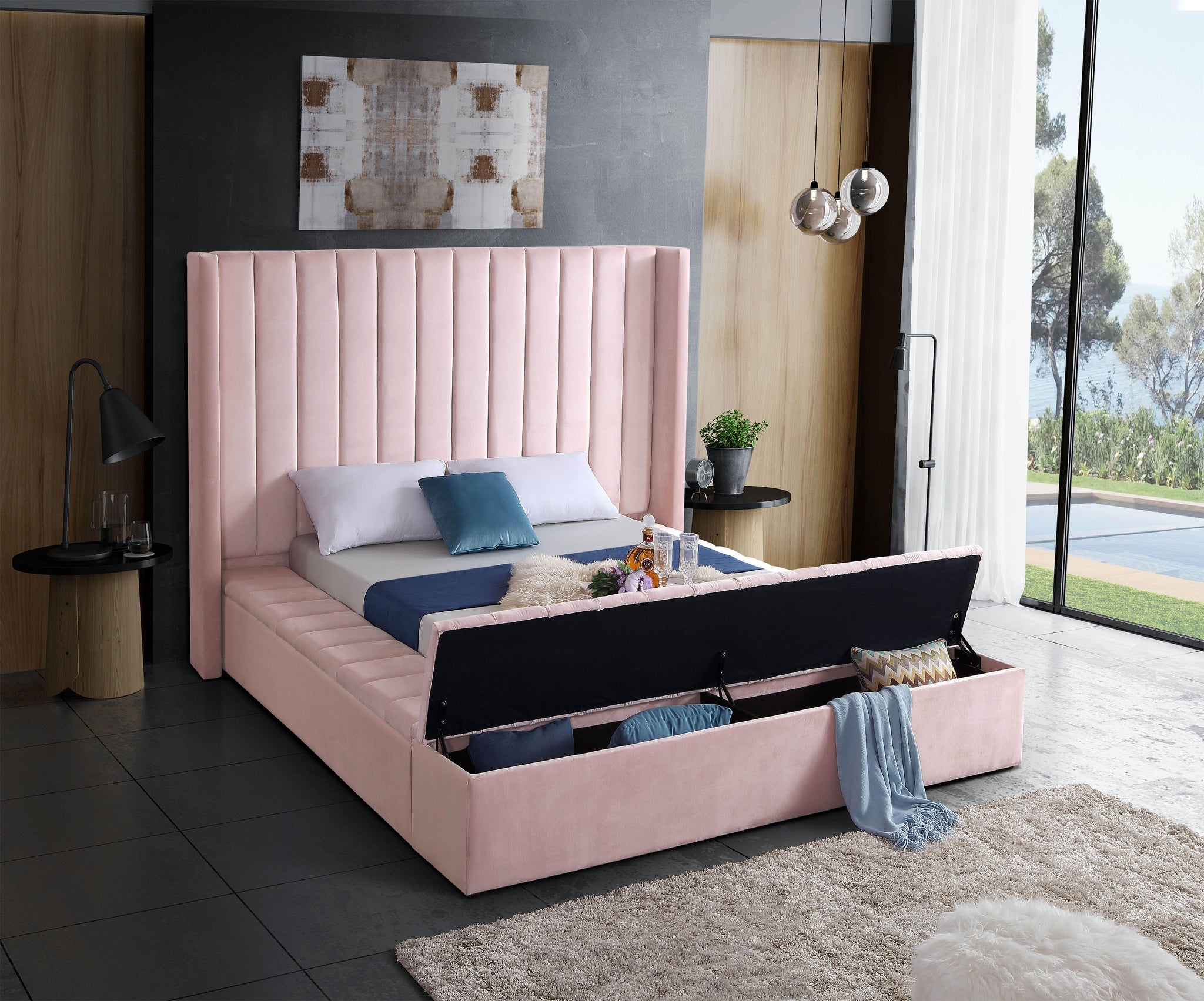 Kiki Pink Velvet Queen Bed (3 Boxes) - Furnish 4 Less 98 (NY)*