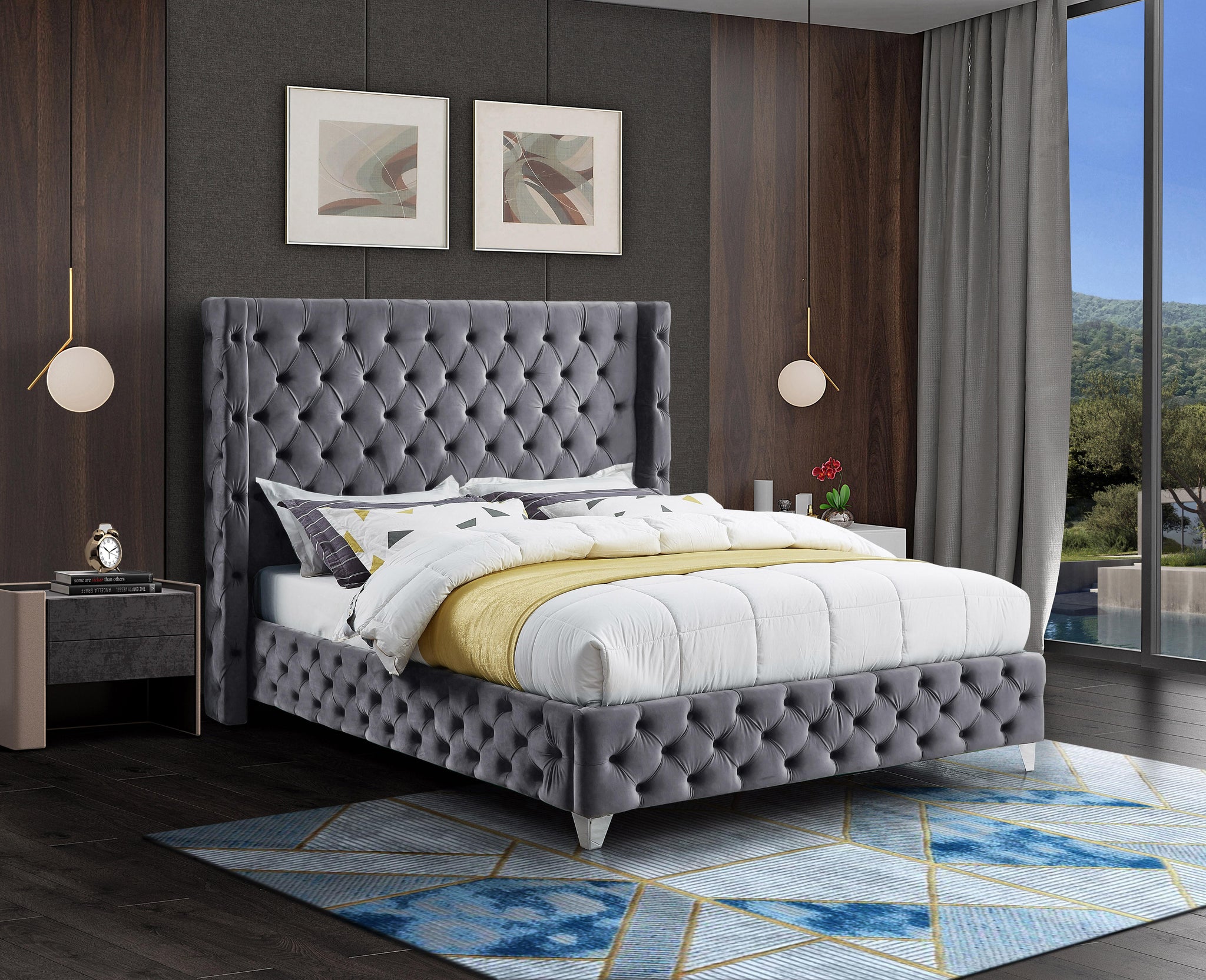 Savan Grey Velvet Full Bed - Furnish 4 Less 98 (NY)*