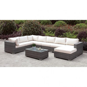 Somani Light Gray Wicker/Ivory Cushion U-Sectional + Coffee Table image